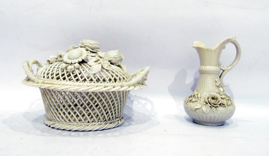 Creamware lidded open weave bowl, the finial as extended floral spray, including rose, thistle,