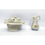 Creamware lidded open weave bowl, the finial as extended floral spray, including rose, thistle,