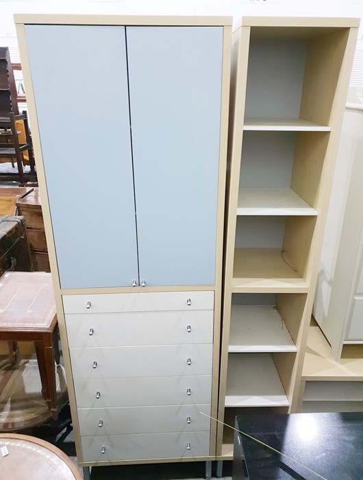 Modern grey painted chest of drawers with half gallery back, two short and four long graduated