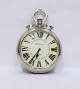 Modern wall clock with quartz movement, in the form of a large pocket watch, Roman numerals to the