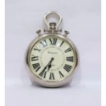 Modern wall clock with quartz movement, in the form of a large pocket watch, Roman numerals to the