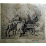 E H Batten Engraving Horses and cart  R Stanley G Dent Black and white engraving Buildings and