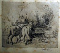 E H Batten Engraving Horses and cart  R Stanley G Dent Black and white engraving Buildings and