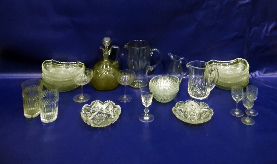 Assorted glassware to include jugs, tumblers, champagne bowls, sherries, etc