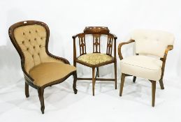 19th century inlaid corner chair, the curved back above shaped seat, square section tapering