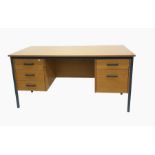 Pale oak-effect laminated office desk with five short drawers and swivel chair, the desk 151cm wide