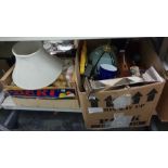 Two boxes of miscellaneous household items to include children's stuffed toys, candlesticks, baromet