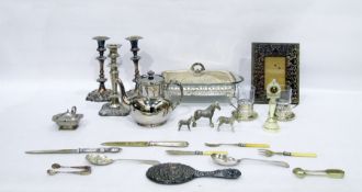 Assortment of plated wares to include galleried trays, teapots, cigarette case, candlesticks,