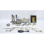 Assortment of plated wares to include galleried trays, teapots, cigarette case, candlesticks,