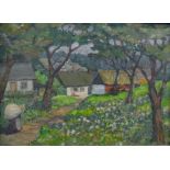 Feliks Lis (20th Century) Oil on canvas Cottage through trees at bottom of floral path, signed lower