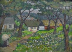 Feliks Lis (20th Century) Oil on canvas Cottage through trees at bottom of floral path, signed lower
