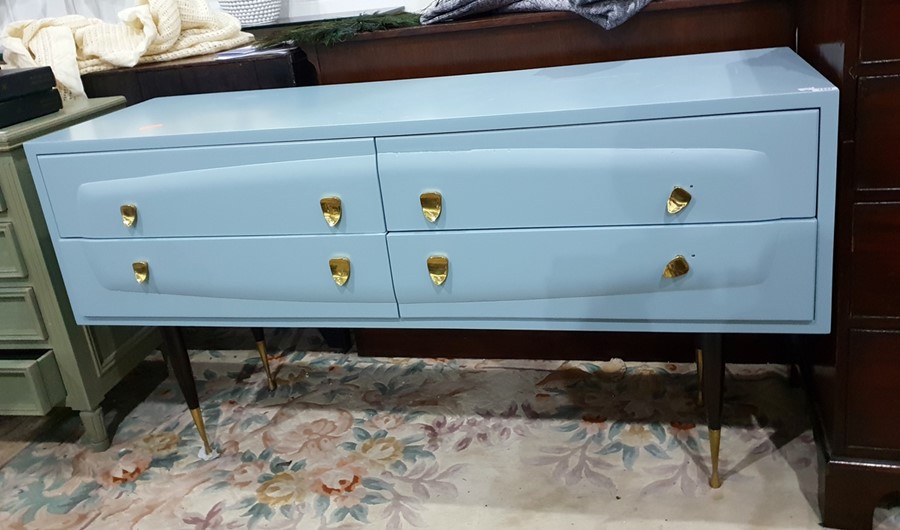 Contemporary blue polyester-finish dressing table fitted four drawers with gilt metal handles, - Image 2 of 2