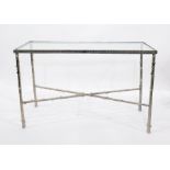 Designer white metal framed Crabstock side table with plate glass top and cross-stretchers, 121cm