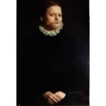 Large photographic print of young woman seated blowing bubble gum, whilst wearing black velvet