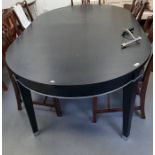 Contemporary black lacquer dining table with rounded ends, on square tapering legs, with two extra