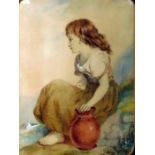 Watercolour 19th century girl seated with jug, unsigned, 29.5 x 30cm