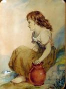Watercolour 19th century girl seated with jug, unsigned, 29.5 x 30cm