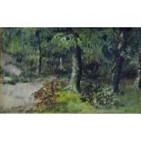20th century school Oil on board Wooded river landscape, indistinctly signed lower right, 38.5cm x