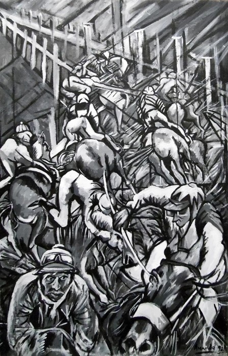 Amanda (20th Century) Oil on canvas "At the Races", monochrome study, signed and dated 92 lower