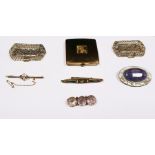 9ct gold, blue stone and seedpearl bar brooch, Ruskin ceramic set metal brooch, mosaic brooch,