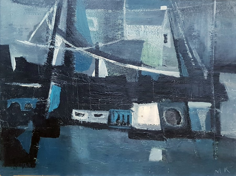 M K  Oil on board Abstract study in blues, blacks and whites, initialled lower right and various