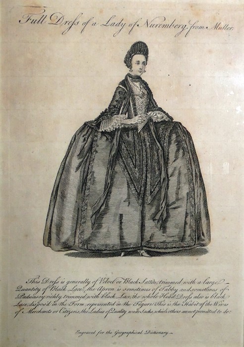 Four black and white engravings from The Geographical Dictionary  "Full Dress of a Lady of Nurembur