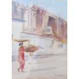 20th century Eastern school Watercolour  Woman carrying basket on her head outside ruins,