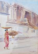 20th century Eastern school Watercolour  Woman carrying basket on her head outside ruins,