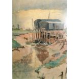 Unattributed Watercolour drawing Low tide with sailing vessels beneath boat sheds, 34cm x 22cm
