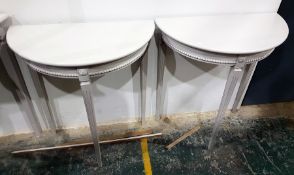 Pair of pale grey painted console tables with bead borders and square tapering fluted legs, width