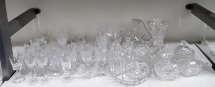 Assorted glassware to include wines, tumblers, dressing table set, glass basket, vase, etc