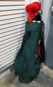 Various Mazina golf clubs within a golf carry bag