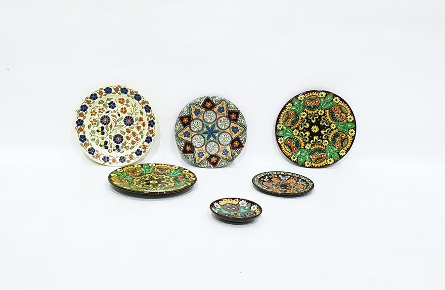 Six assorted Thouneware plates and dishes to include Swiss Thouneware plate with owl pattern and