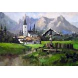 20th century Continental School Oil on canvas Church in the Alps, indistinctly signed lower right,