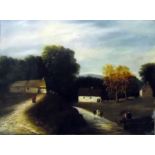 19th century English School Oil on canvas A village landscape with stream, unframed, 38 x 50cm