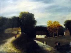 19th century English School Oil on canvas A village landscape with stream, unframed, 38 x 50cm