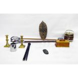 Two shooting sticks, native carved marks, oak biscuit barrel with plated mounts and cover, a pair of