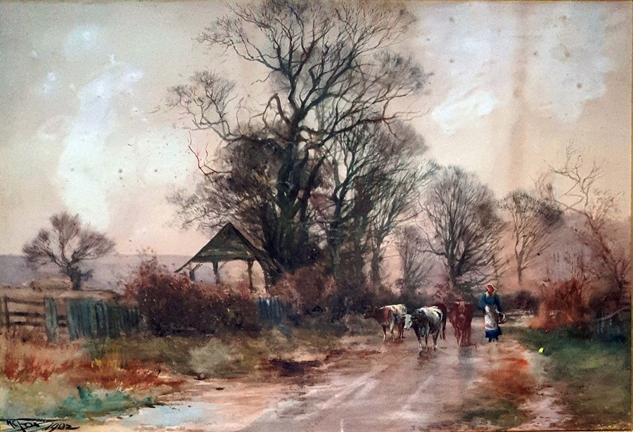 Henry Charles Fox (1855/60-1929)  Watercolour Milkmaid with cattle in rural lane, signed and dated