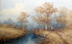 19th century  Watercolour drawing Figures on riverside path, 13cm x 18cm  Unattributed (19th cent