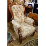 Victorian stained wood drawing room chair, the hoop back with floral button back upholstery, on
