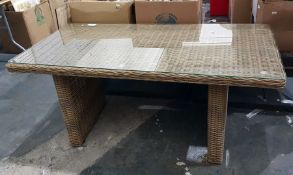 Cane weaved rectangular top coffee table on twin pedestal support, loose plate glass top, length