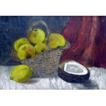 Early 20th century English school Oil on canvas Still life with basket of apples, 24.5cm x 35cm