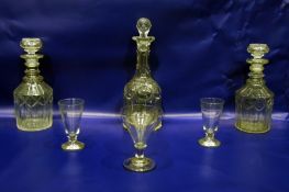 Three mallet-shaped decanters, a 19th century ale glass and two further ale glasses (6)
