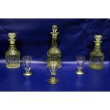 Three mallet-shaped decanters, a 19th century ale glass and two further ale glasses (6)