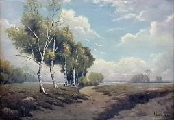 C. Doerbecker (?) (20th Century) Oil on canvas Rural landscape with path and row of silver birch