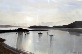 Paul Phillips Gouache Harbour scene with mountains