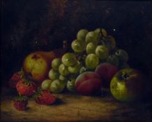Thomas S Harper (1820-1889) Oil on canvas Still life study of grapes, pear, plums and strawberry,