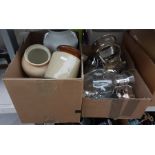 Three boxes of assorted items to include glass and white metal carafe, various stoneware jars, etc
