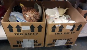 Six boxes of assorted household items to include part tea services, various table lamps, prints, gla