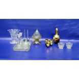 Assorted glassware to include decanter with gilt and floral decoration, six shot glasses, assorted